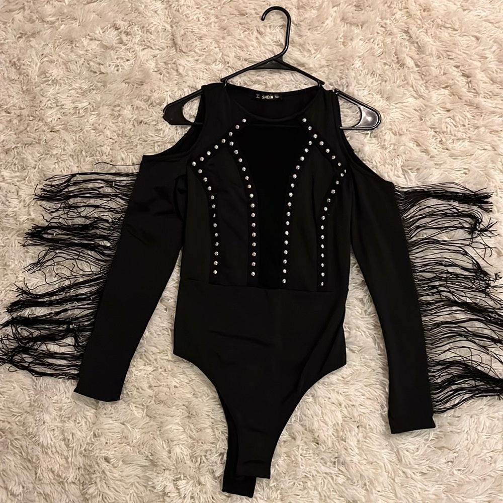 black bodysuit with studs and fringe detailing; worn once